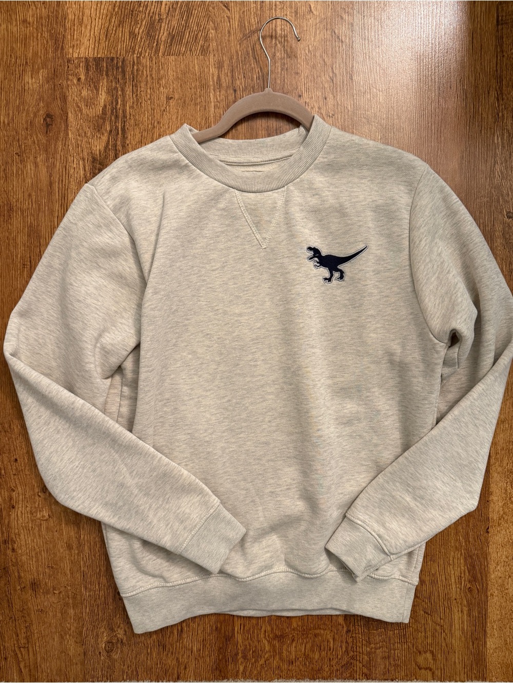 Light Gray Crewneck Fleece Sweatshirt with Navy Dino Logo - Unbranded Mama Small